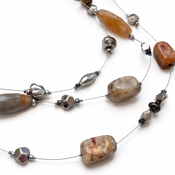 Chico's Layered Beaded Necklace Silver Tone Natural Stone Multi Strand - Picture 2 of 6